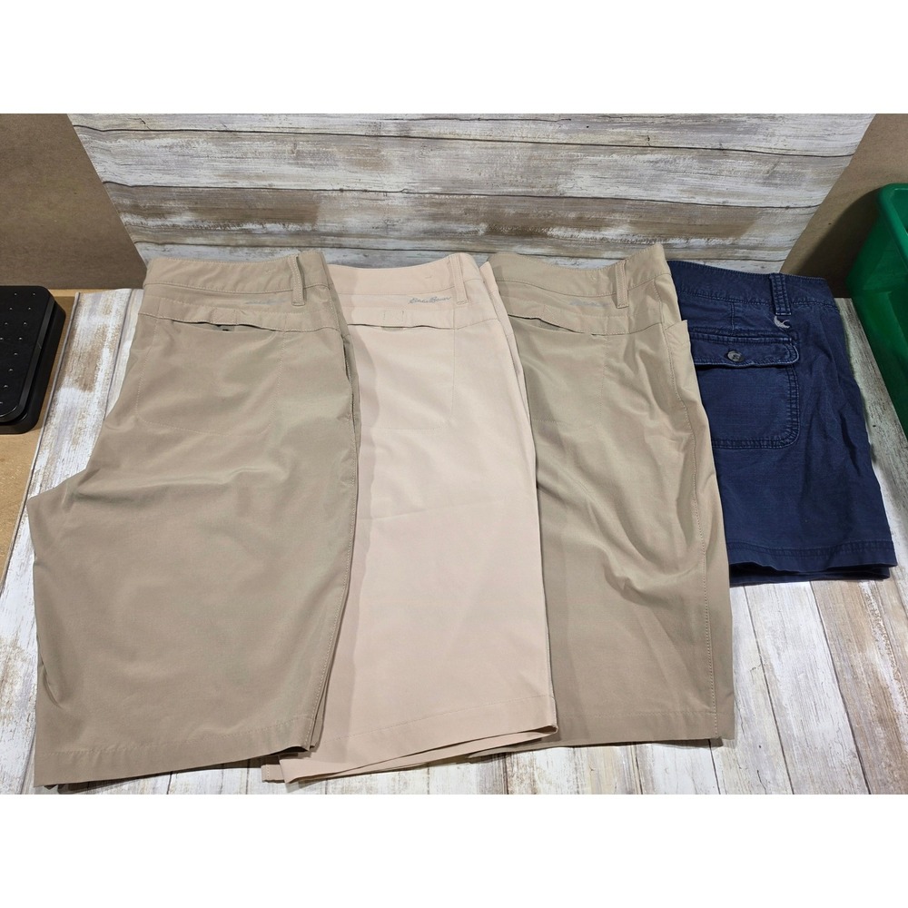 4- Eddie Bauer Womens Shorts Bundle Horizon Guide Cargo Tan Khaki Navy sz 12